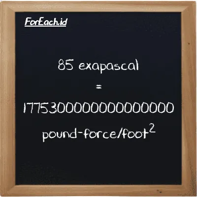 85 exapascal is equivalent to 1775300000000000000 pound-force/foot<sup>2</sup> (85 EPa is equivalent to 1775300000000000000 lbf/ft<sup>2</sup>)